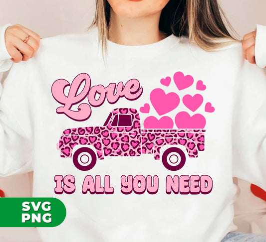 This digital file features a charming design of a truck with a heart-shaped cargo and a car carrying love. Perfect for sublimation projects, this PNG file is a whimsical reminder that love is all you need when you hit the road.