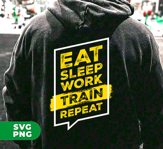 This digital file set featuring "Eat Sleep Work Train Repeat" design is perfect for the trainee lover in your life. Show them your support with this training-themed gift that they'll love! Available in PNG format for easy use on any device.