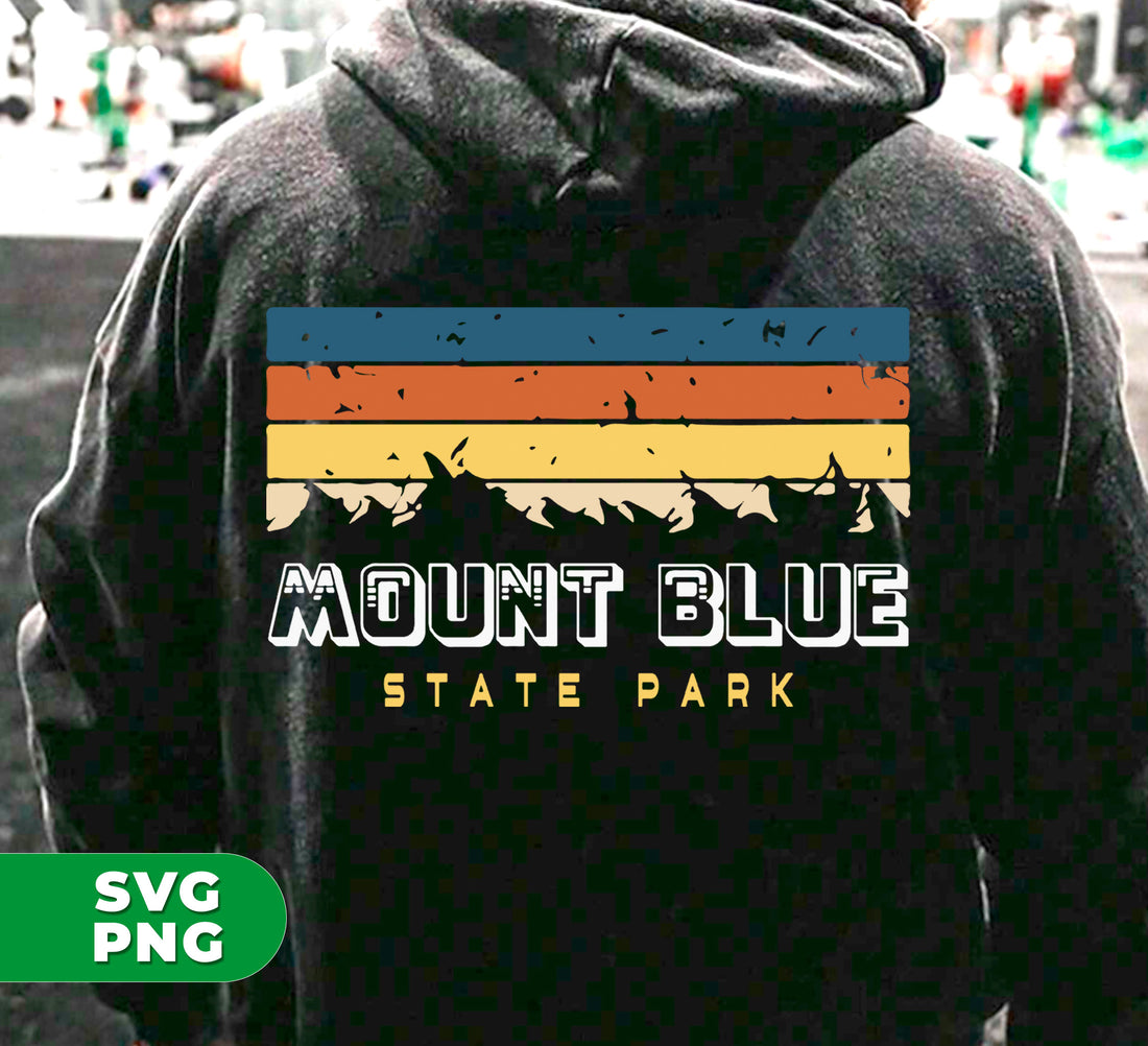 Explore the beauty of Mount Blue with our Retro Mount Blue digital files. Featuring the iconic Mount Blue State Park silhouette, these Png Sublimation images are perfect for capturing nostalgic memories. Enhance your designs with this timeless mountain landscape.