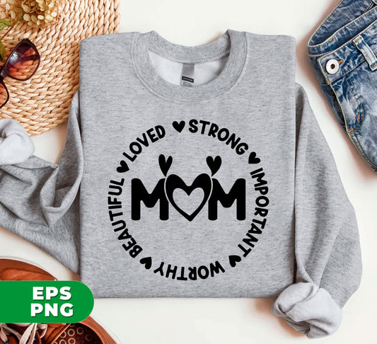 This digital file set features a collection of powerful messages, including "Love Mom", "Strong Mom", "Important", and "Worthy and Beautiful". These high-quality PNG files can be used for sublimation projects, providing a meaningful and inspiring touch to your creations. Show your love and appreciation for moms with these impactful designs.