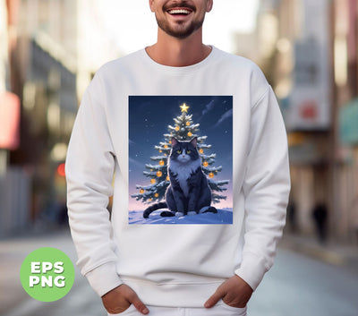 Merry Catmas, Cool Cat, Xmas Tree, Christmas Night, Digital Files, Png Sublimation