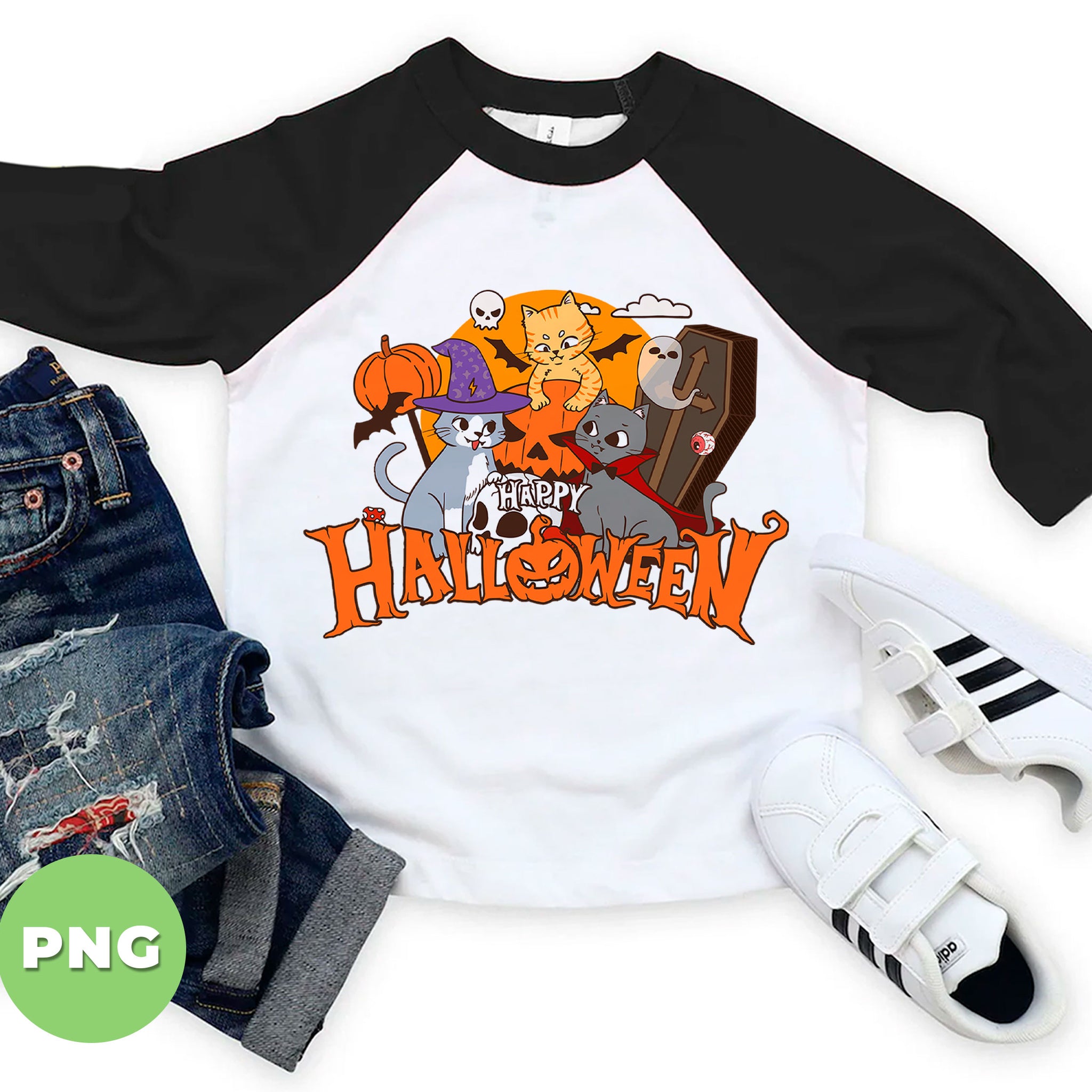 Happy Halloween Cats PNG, Cute Witch Vampire Cat Sublimation Design, Funny Spooky Kitty Pumpkin Art For Kids & Cat Lovers