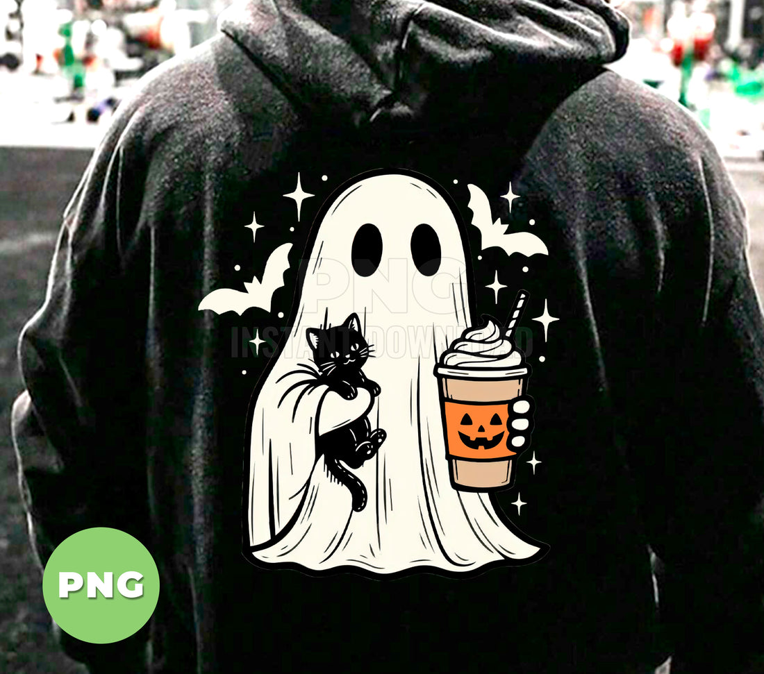 Cute Ghost Holding Cat Halloween Coffee, Pumpkin Cup Boo Ghost, Spooky Bat Stars Clipart, Fall Halloween Cute Ghost PNG