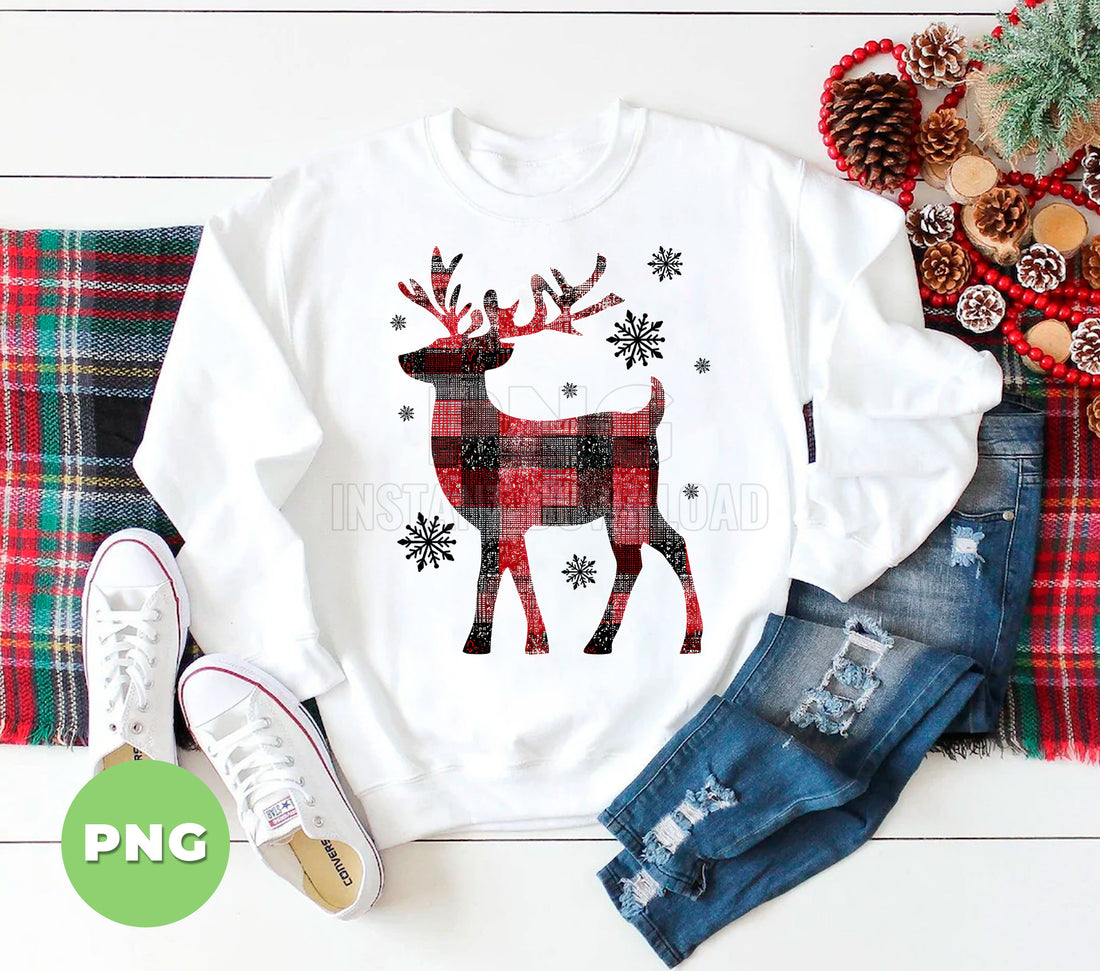 Deer Plaid Reindeer PNG, Christmas Deer Sublimation Design, Red Black Plaid Animal Clipart, Rustic Holiday Snowflake Graphic, Merry Xmas