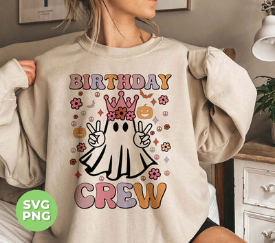 Get ready for any Halloween party with these fun and unique designs. Choose from Birthday Crew, Groovy Halloween, or Cute Princess Ghost to make a statement. These high-quality Svg and Png files are perfect for sublimation printing. Add some fun to your wardrobe this Halloween season!