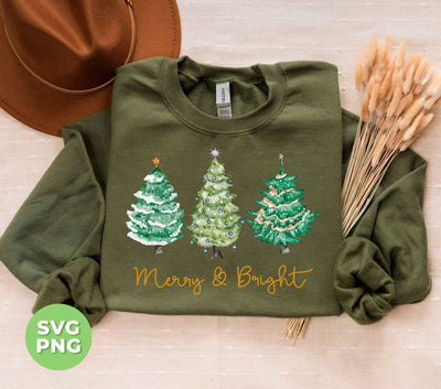 Merry And Bright, Merry Christmas, Xmas Tree Watercolor, Trendy Christmas, Svg Files, Png Sublimation