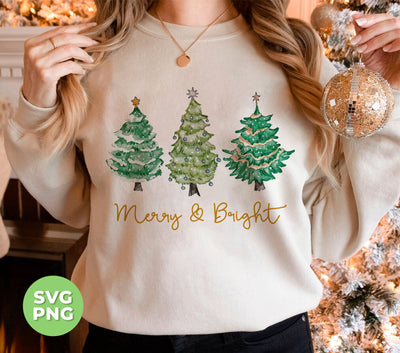 Merry And Bright, Merry Christmas, Xmas Tree Watercolor, Trendy Christmas, Svg Files, Png Sublimation