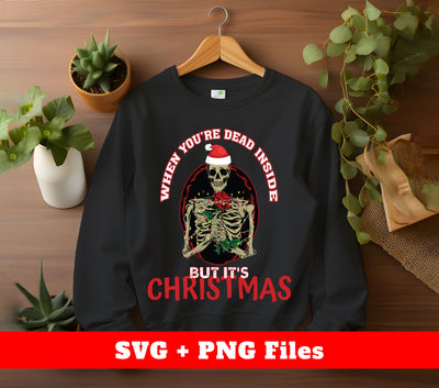 This trendy Christmas themed product is perfect for those with a dark sense of humor. Featuring a skeleton in a festive setting, this product includes high-quality SVG and PNG files for easy customization. Embrace your inner "dead inside" this holiday season with this unique product.