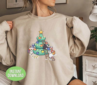 Cute Baby Mouse And Penguin Beside Christmas Tree, Trendy Christmas, Svg Files, Png Sublimation