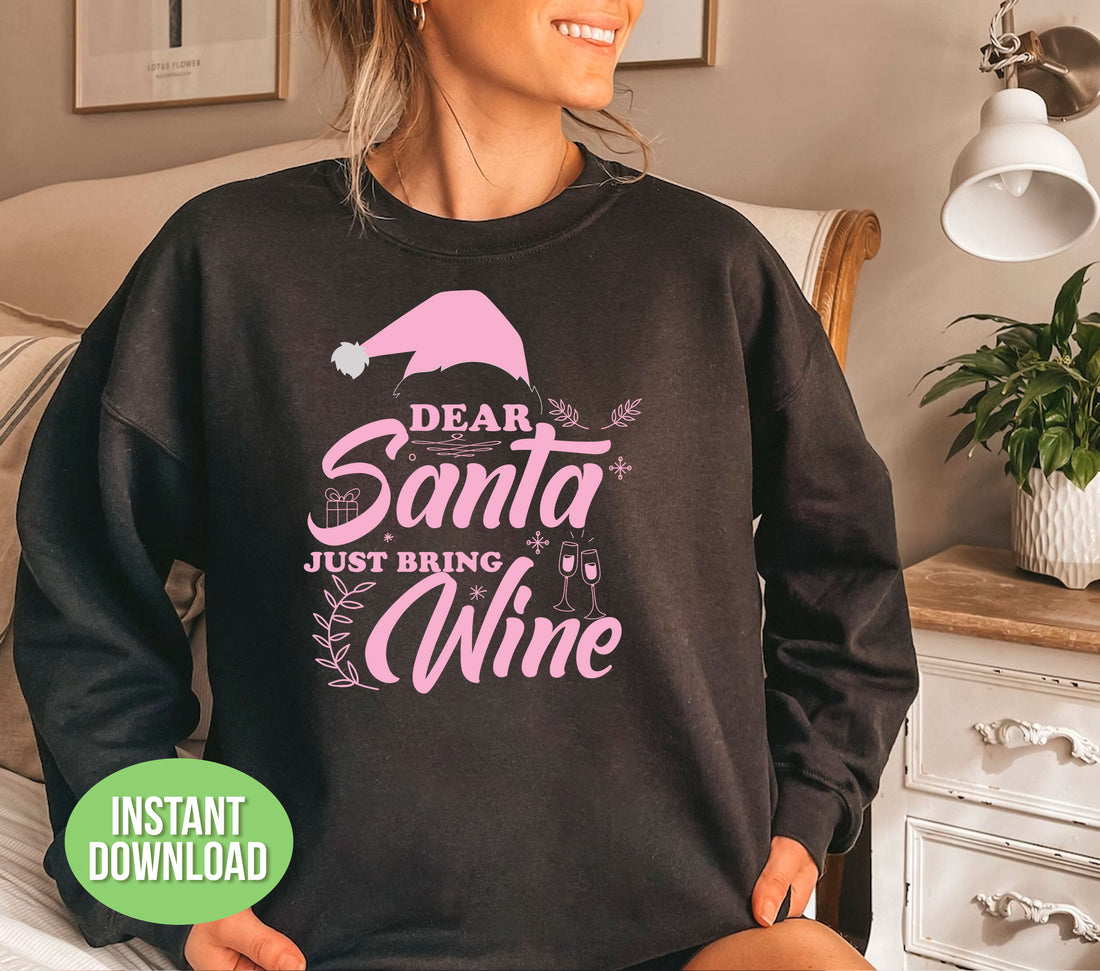 Add some festive cheer to your holiday with our "Dear Santa, Just Bring Wine" design! Perfect for wine lovers, this design features "Love Win" and "Get Lit In Xmas" sayings. Use our SVG and PNG files for all your holiday sublimation needs. Happy sipping!