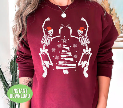 Skeleton Christmas, Dancing Skeleton, Xmas Tree, Snow Falling, Trendy Christmas, Png Sublimation