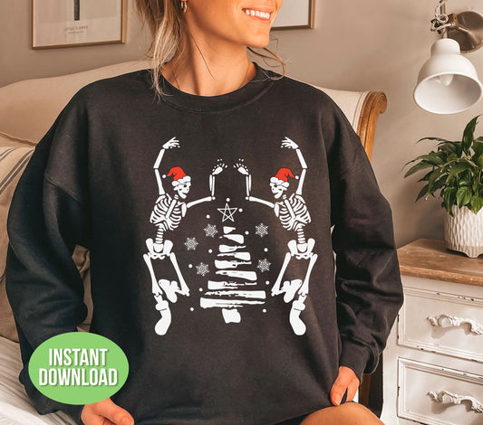 Get into the holiday spirit with our Skeleton Christmas design. This unique and trendy design features a dancing skeleton alongside a festive Christmas tree while snow falls in the background. Perfect for adding some fun to your holiday decorations. Try using this design for sublimation on any product!