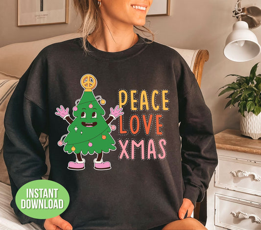 Celebrate the holidays in style with the Peace Love Xmas Png Sublimation design. Spread joy and laughter with this trendy Christmas tree motif. Perfect for anyone who loves Christmas, this humorous design will bring a smile to everyone's face this holiday season.