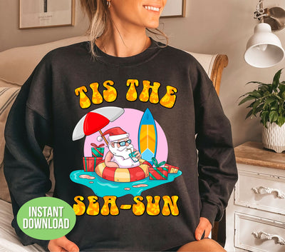 Introducing the perfect holiday shirt for beach lovers - Tis The Sea-Sun, This The Season, Santa Relax On The Seaside, Trendy Christmas, Png Sublimation. Show off your festive spirit with this trendy design, perfect for a sunny Christmas by the sea. Made with Png Sublimation for long-lasting color.