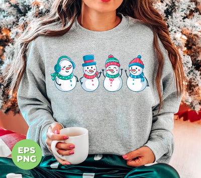 Presenting a set of four adorable snowman designs - Snowman Christmas, Cute Snowman, Trendy Christmas - perfect for all your holiday projects. High-quality PNG sublimation format for easy customization. Create a festive atmosphere with these charming snowmen! Order now for a unique and trendy Christmas.