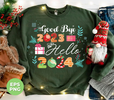 "Welcome in the new year with our Good Bye 2023, Hello 2024, Say Hello 2024, Happy New Year Png Sublimation. Embrace the possibilities of the future with this design, perfect for starting the year off on a positive note. Made with high-quality materials, it's the perfect addition to any celebration."