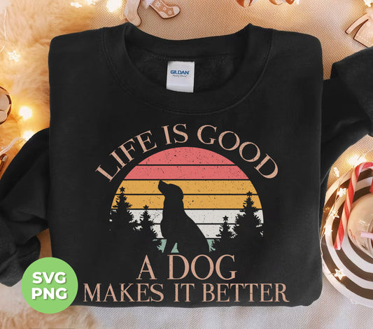 Experience the power of positivity with our "Life Is Good, A Dog Makes It Better" Retro Dog Lover Png Sublimation design. Embrace the joy, love, and companionship that comes with being a dog owner. This design is perfect for any dog lover, and will remind you daily that life truly is better with a furry friend by your side.