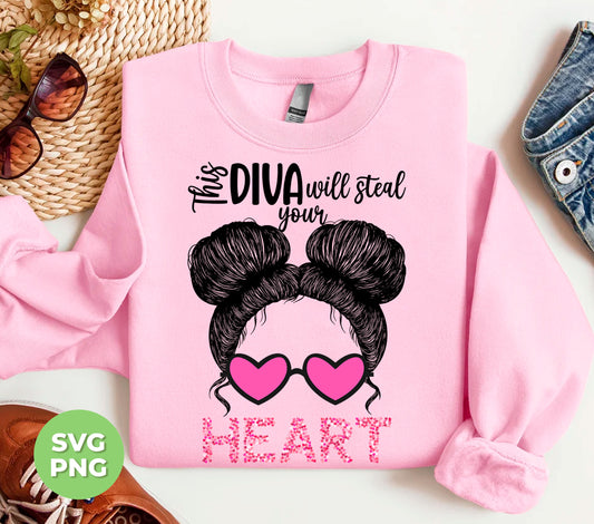 Indulge in a diva's touch with this charming Valentine's Day design. Showcasing a stylish and messy bun, this sublimation piece will steal your heart. Embrace the trendy appeal of this PNG image and love the easy, effortless look it adds to any outfit.