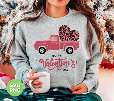 Happy Valentine's Day, Pink Truck In Valentine, Truck Bring Leopard Heart, Digital Files, Png Sublimation