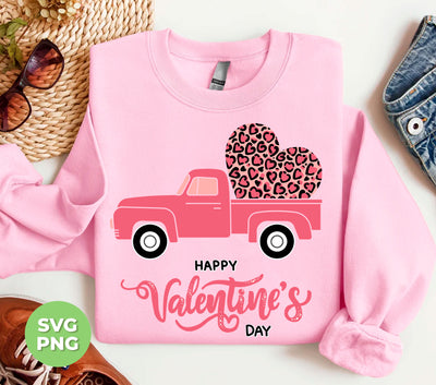 Happy Valentine's Day, Pink Truck In Valentine, Truck Bring Leopard Heart, Digital Files, Png Sublimation