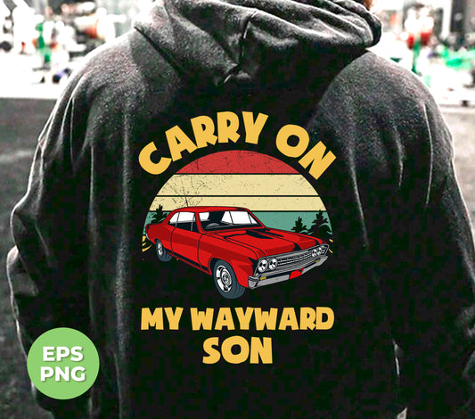 This classic red car design featuring the iconic "Carry On My Wayward Son" slogan is available as a digital file for easy sublimation. Add a touch of nostalgia and character to any project with this timeless design. Perfect for car enthusiasts or anyone looking for a unique retro flair.