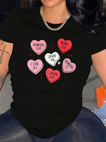 Embrace your sweet side with our Sweetheart Style T-Shirt, featuring a cute love pattern perfect for Valentine's Day. Show off your playful personality in this short sleeve tee. Spread the love and rock this quirky and fun top!