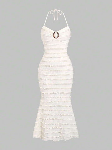 Elevate your summer wardrobe with the Sweetra halter neck dress, designed for effortless elegance. The signature circular ring detail at the neckline adds a modern touch, while the ruffle hem brings playful movement to your look. Crafted with a ruched, sleeveless halter construction, this dress flatters your figure with a slim, sophisticated silhouette. Perfect for warm-weather days, this maxi dress works beautifully in classic coffee or striped patterns. The lightweight fabric and relaxed fit make it ideal