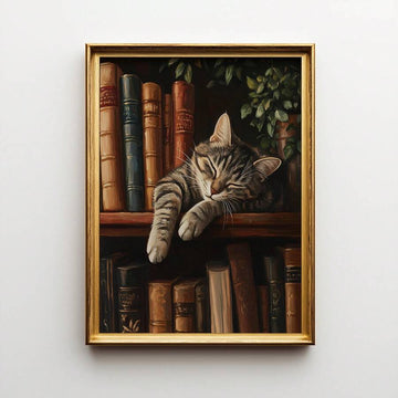 Vintage tabby cat sleeping on a bookshelf canvas wall art in a gold frame