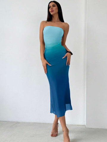 Strapless ombre mesh midi dress in aqua teal and navy with bandeau neckline