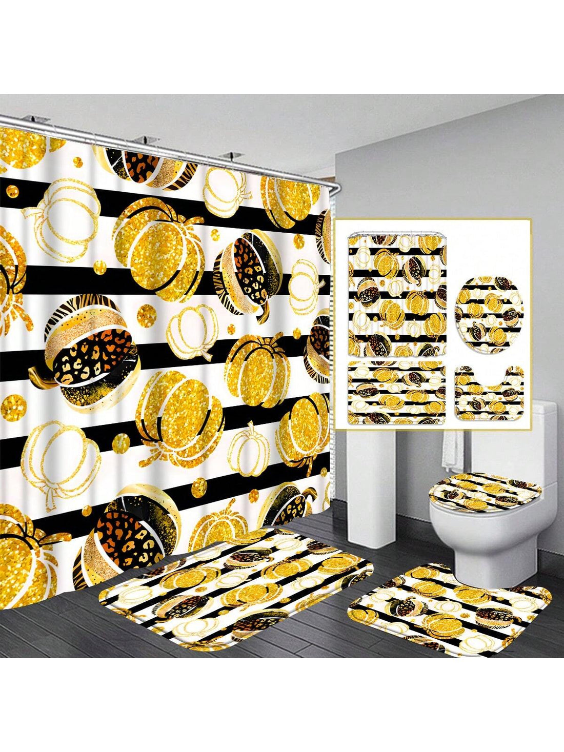 Celebrate fall in style with this Thanksgiving Pumpkin Shower Curtain Set! This 4-piece bundle includes a vibrant pumpkin-themed curtain, two cozy non-slip mats, and sturdy hooks to brighten your bathroom. Perfect for adding a festive touch while keeping your space safe and comfy. Embrace the season’s charm every day with this playful and practical fall decor set!