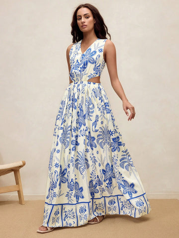 Step into sunshine with the Casual Tropical Flow Maxi! Featuring a flirty V-neck and a playful cutout waist, this floral print dress is your go-to for breezy summer days. Its flowing silhouette keeps you cool and carefree, perfect for beach strolls or garden parties. Embrace effortless style and let the tropical vibes follow wherever you go!