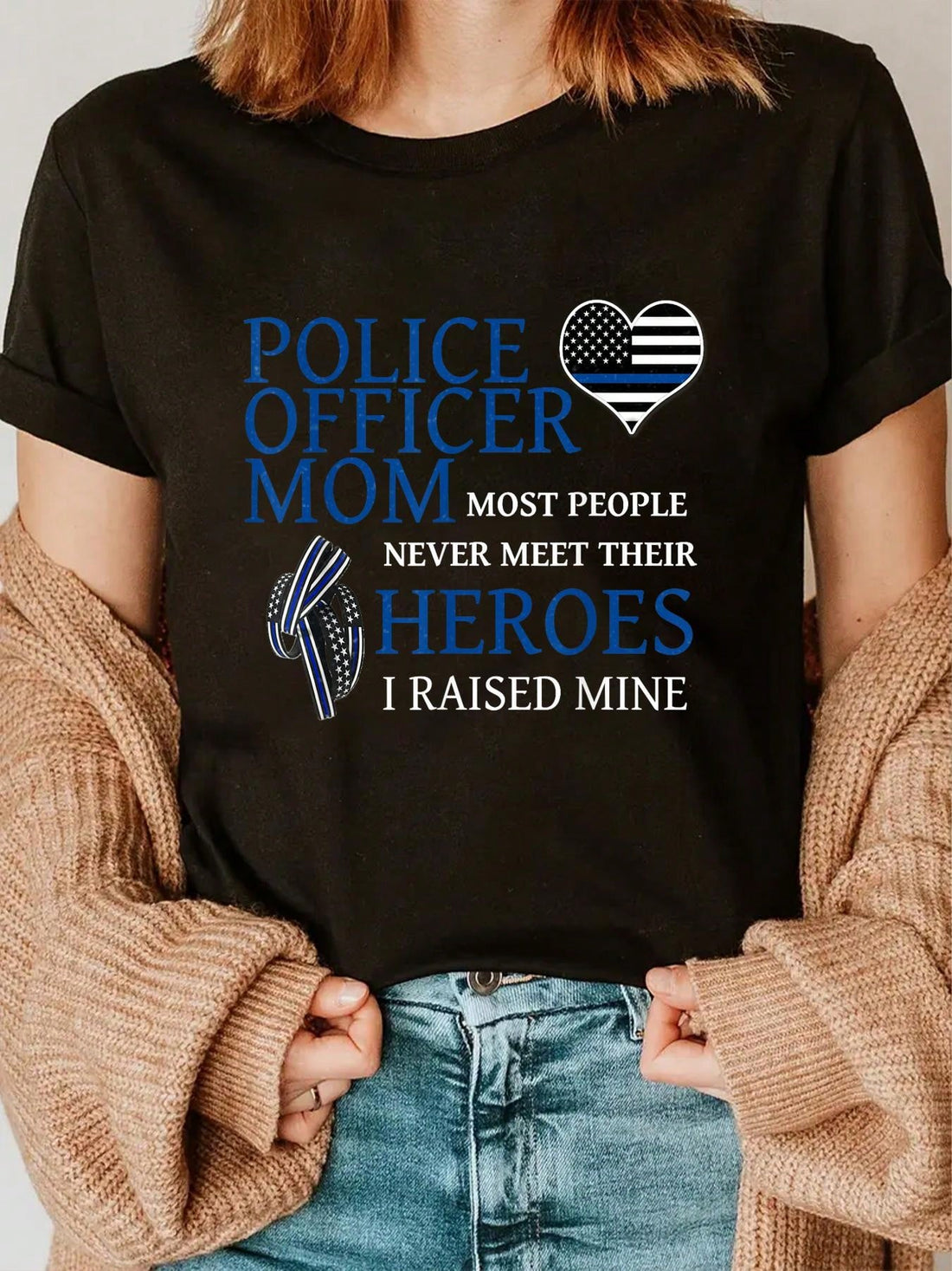 Showcase your pride and support for law enforcement with this Thin Blue Line Family Pride t-shirt. Designed for police officer moms, this casual t-shirt is a perfect way to show your love for your family and the blue line. A stylish and meaningful addition to your wardrobe.