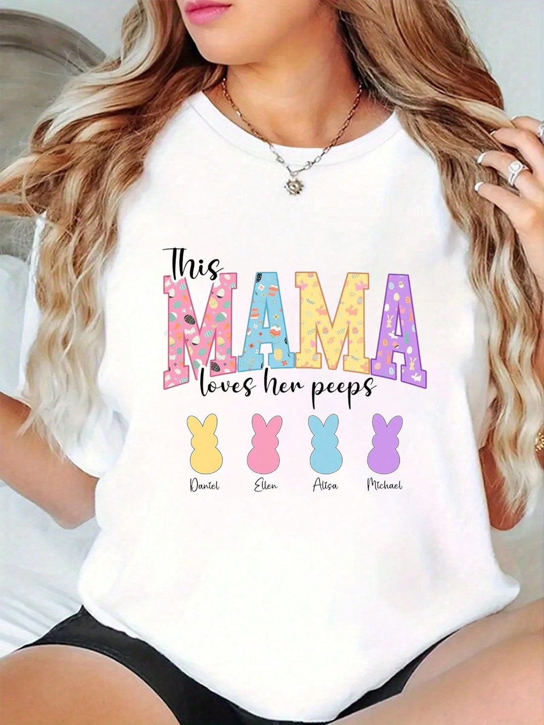Show your love for Easter and your kids with This Mama's custom name tee! Stay stylish and comfy all summer long with this unique graphic t-shirt.