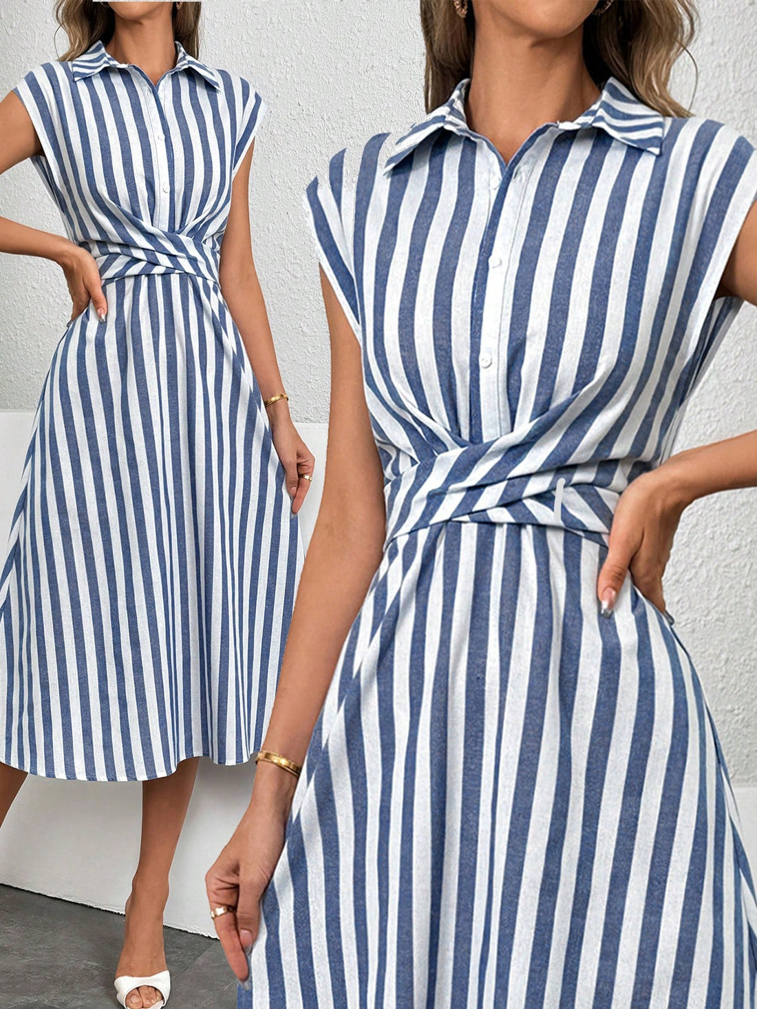 Sail into spring and summer with timeless elegance in our Blue and White Striped A-Line Midi Dress. Perfect for any occasion, this dress exudes a playful yet sophisticated vibe. Embrace a chic and breezy style with this must-have dress.