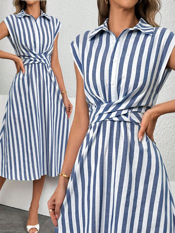 Sail into spring and summer with timeless elegance in our Blue and White Striped A-Line Midi Dress. Perfect for any occasion, this dress exudes a playful yet sophisticated vibe. Embrace a chic and breezy style with this must-have dress.