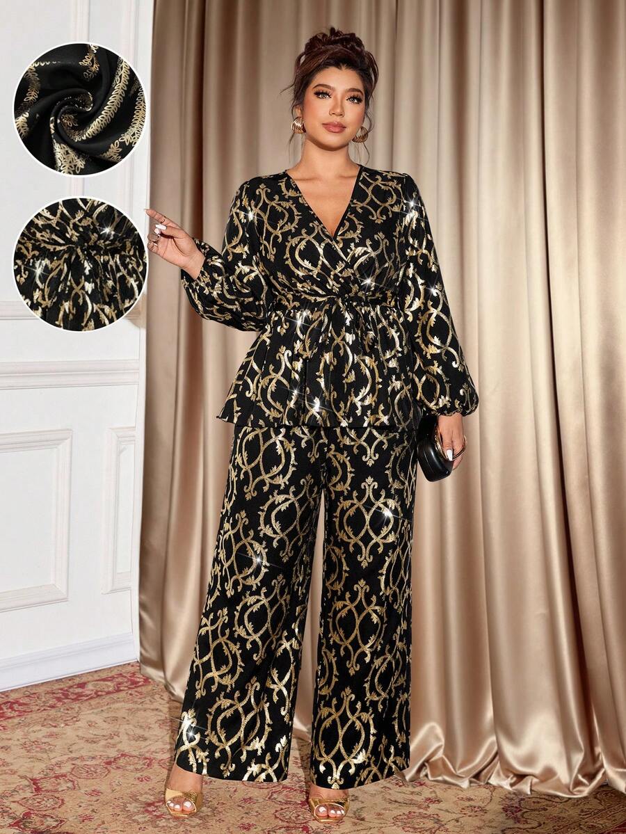 Elevate your wardrobe with this stunning plus-size two-piece set featuring a vintage gold foil print. The V-neck tie-up shirt showcases elegant wrap detailing and extra-long sleeves, while the coordinating elastic waist pants offer comfortable all-day wear. Crafted from a breathable polyester-elastane blend, this sophisticated ensemble is perfect for weddings, celebrations, and special occasions. The apricot hue adds warmth and dimension to any complexion. Hand wash for easy care and lasting quality.