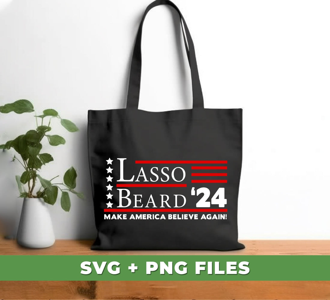 This Lasso Beard 24 digital file set contains high resolution PNG images featuring "Make America Believe Again" and Ted Lasso. Perfect for sublimation projects, these PNG files are perfect for any fan of the hit show.