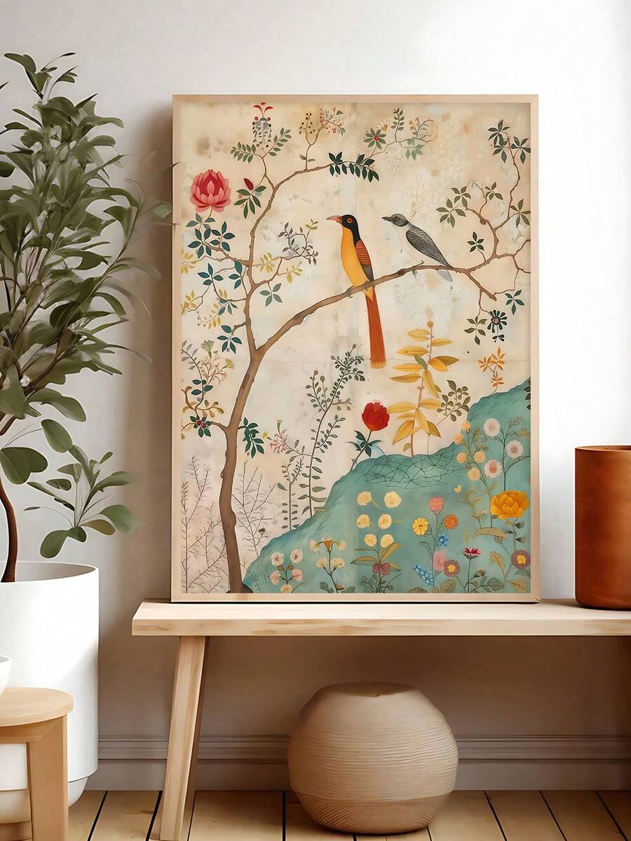 Console view of two-bird floral canvas print in a light wood frame