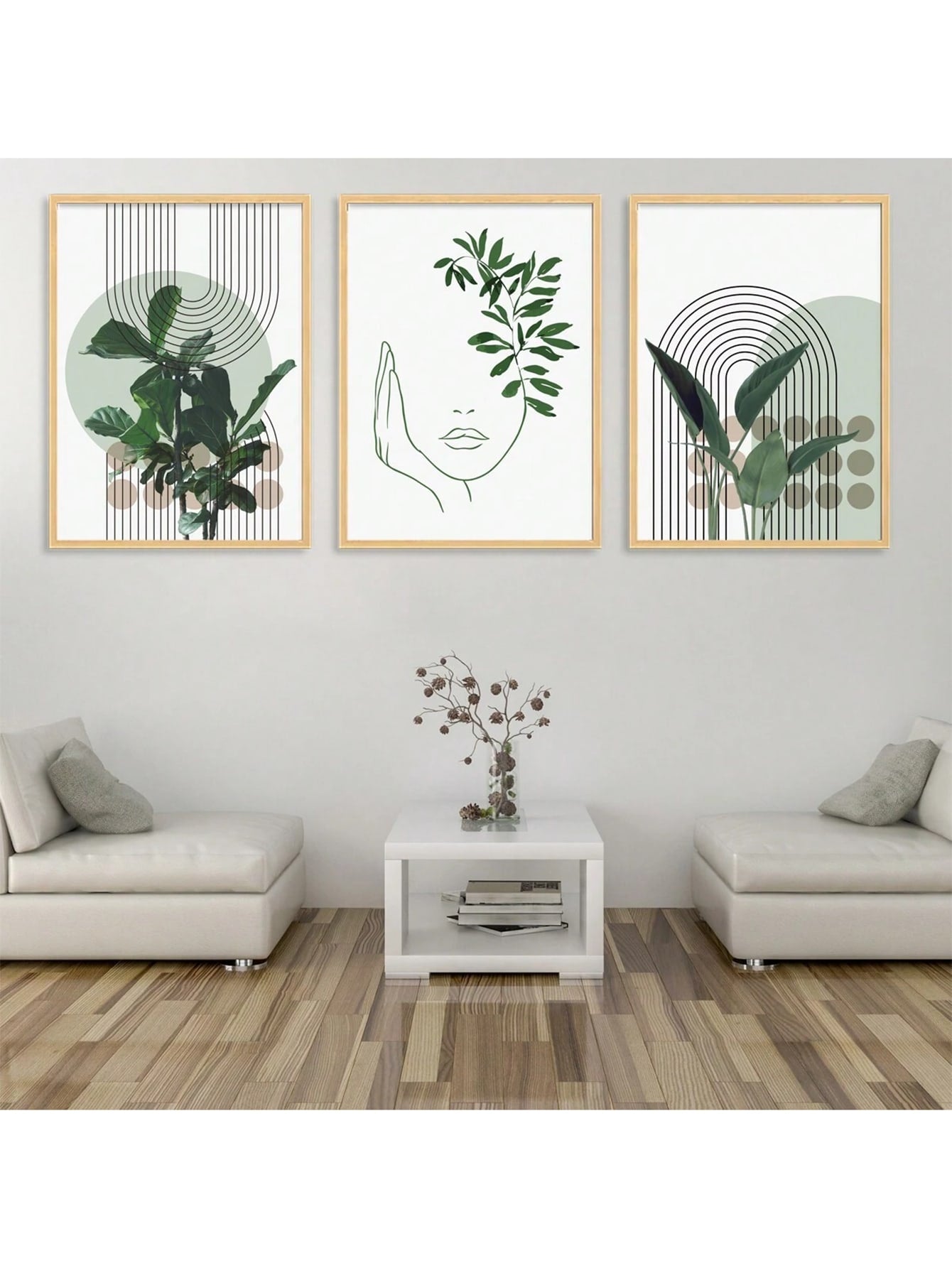 Bring a touch of nature and modern art to your home with our Tranquil Nature art print set. Featuring abstract green plants and people, this 3-piece set adds a calming and unique touch to any room. Perfect for modern home decor, this set is sure to be a conversation starter. (No more boring walls!)