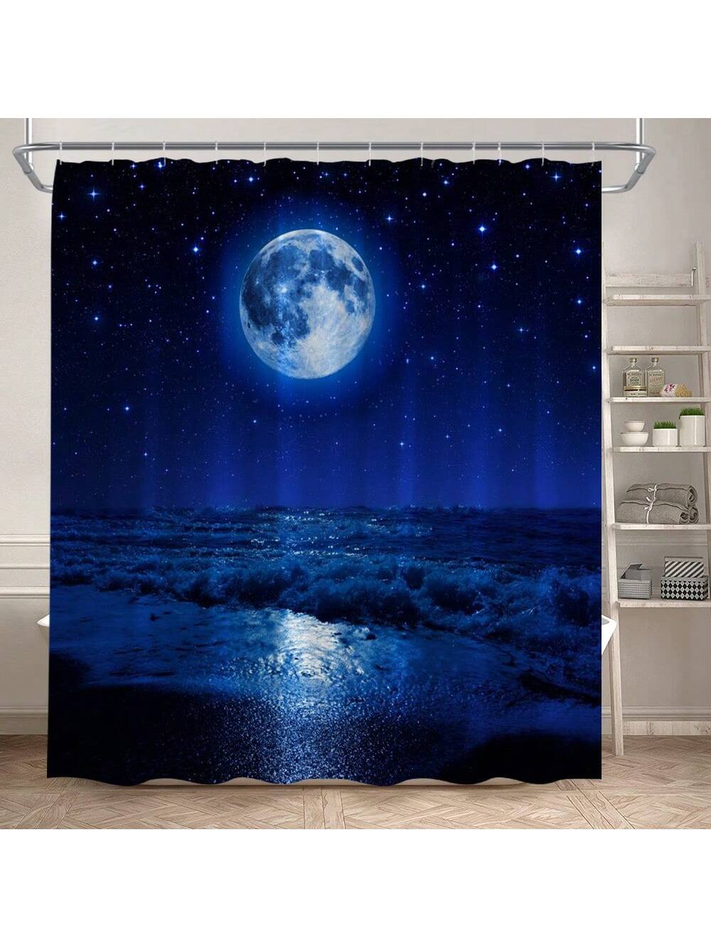 Transform your boring bathroom into a magical moonlit oasis with our Moonlit Beach Shower Curtain. Featuring a glowing full moon and twinkling stars design, this curtain will elevate your bathroom experience. Say goodbye to dull showers and hello to a whimsical and refreshing bathing experience.