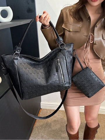 Make a statement with this chic 2-piece tote bag set that's as versatile as your lifestyle. Crafted from sleek black PU leather and adorned with edgy metal studs, this duo delivers serious style for any occasion—whether you're heading to the office, meeting up with friends, or hunting for the perfect gift. The spacious main tote handles everyday essentials with ease, while the compact companion bag keeps your smaller items organized and accessible. Durable, eye-catching, and endlessly practical, this set pr