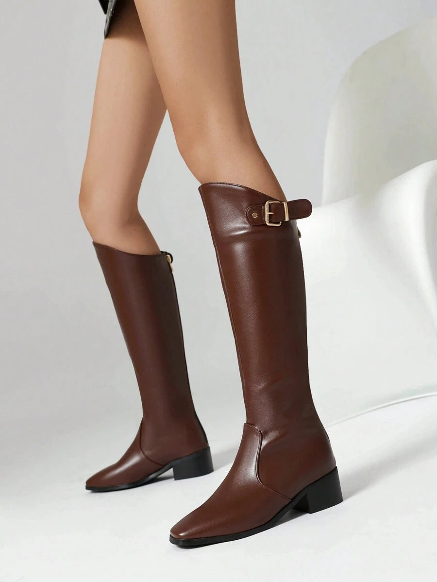 Step into style and comfort with these trendy knee-high boots designed for autumn and winter. Featuring a chunky heel that adds just the right amount of lift, a versatile square toe for a modern twist, and a convenient back zipper for easy wear, these boots are perfect for elevating any outfit while keeping your feet cozy. Whether you're strolling through crisp leaves or heading out for a night on the town, these boots bring playful charm and practical flair to your wardrobe.