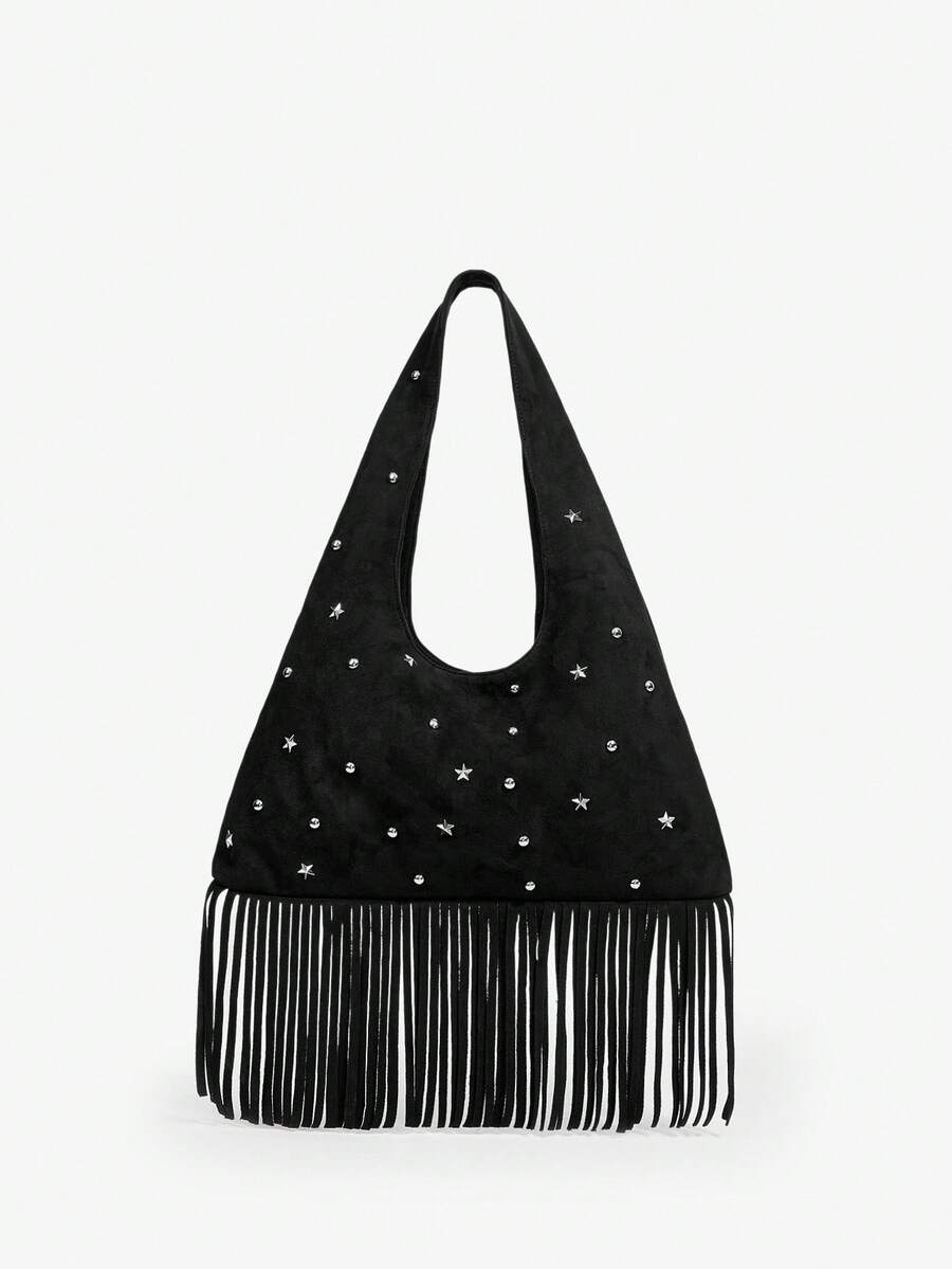 Black hobo bag with star rivets and tassels front view