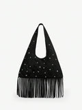 Black hobo bag with star rivets and tassels front view