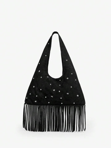 Black hobo bag with star rivets and tassels front view