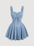 Elevate your casual wardrobe with this trendy blue denim mini slip dress. Crafted from a comfortable cotton-blend fabric (60% cotton, 25% polyester, 15% viscose), this sleeveless style features a high-waist silhouette with contrast lace detailing and a lace-up front for an effortlessly chic look. The fitted bodycon cut flatters your figure while the flared hem adds movement and dimension. Perfect for dating or festival season, this light-wash denim dress transitions seamlessly from day to night. 