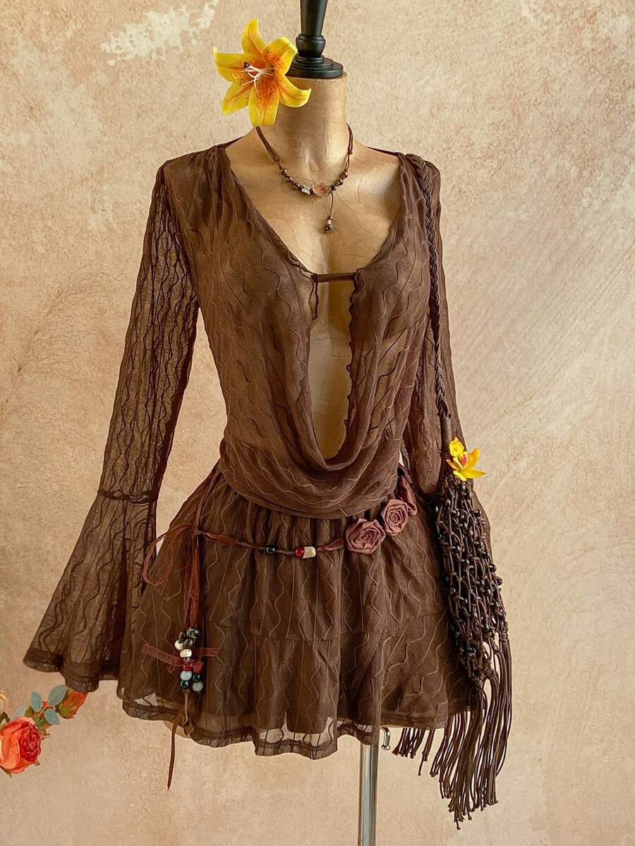 Elevate your summer wardrobe with this stunning brown mini dress featuring a daring plunging neckline and graceful flare sleeves. The A-line silhouette with high waist creates a flattering, feminine shape, while asymmetrical details and a ruffled hem add visual interest. Crafted from a soft knitted fabric blend with high stretch, this semi-sheer dress offers comfort and movement. Perfect for beach outings, festivals, or casual summer occasions, it's the effortless piece you'll reach for again and again. Mac
