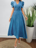 Make a statement with this stylish and elegant dress! Featuring trendy bubble sleeves and a pleated waistband, this dress is perfect for any fashion-forward woman. Upgrade your wardrobe with this must-have piece!