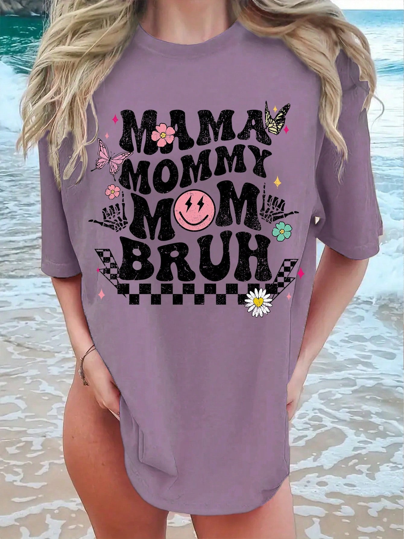 Get ready for some serious mom style with this trendy summer t-shirt! Featuring a playful cartoon and letter print, this short sleeved graphic tee is perfect for adding a quirky touch to your wardrobe. With its lightweight fabric and stylish design, you'll be sure to turn heads all summer long.