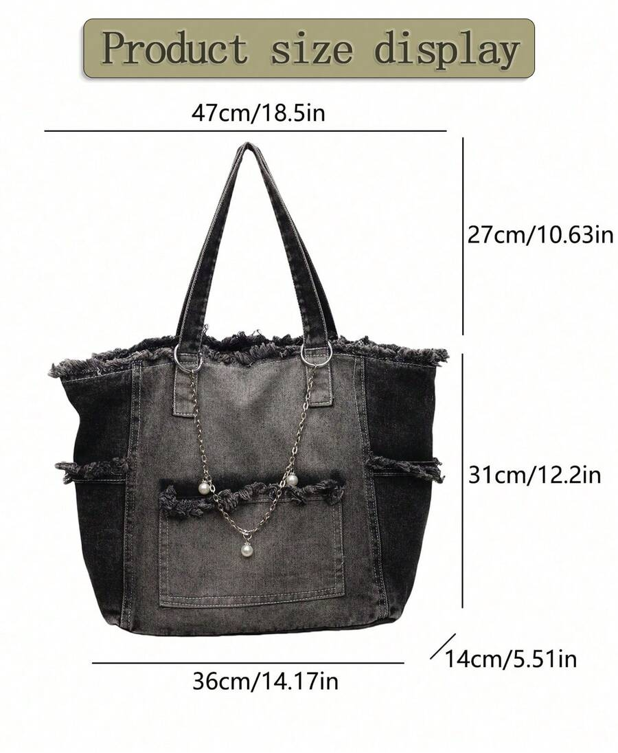 Carry your essentials in style with this eye-catching denim tote that's part practical, part fashion statement. The standout chain embellishment adds an edgy-chic vibe perfect for elevating your everyday look, whether you're heading to work, running errands, or meeting friends. Spacious enough for your laptop, groceries, or weekend adventures, this versatile bag transitions seamlessly from casual to polished. Durable denim construction keeps up with your on-the-go lifestyle while the trendy hardware detail 